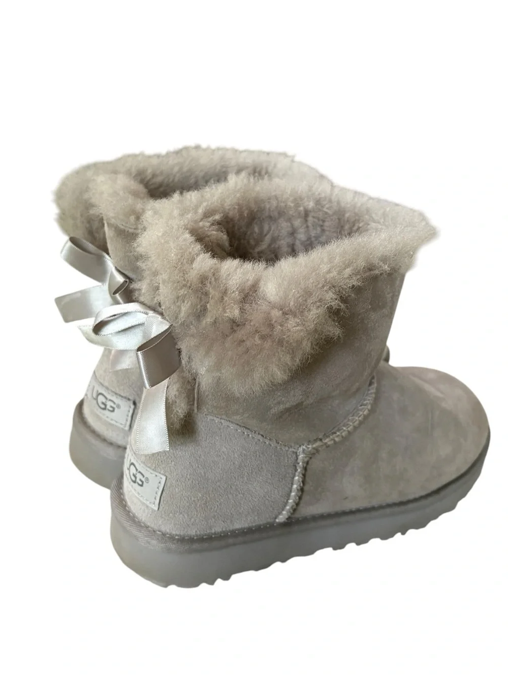 UGG Mini Bailey Light Gray Satin Bow Shearling Boots - 7